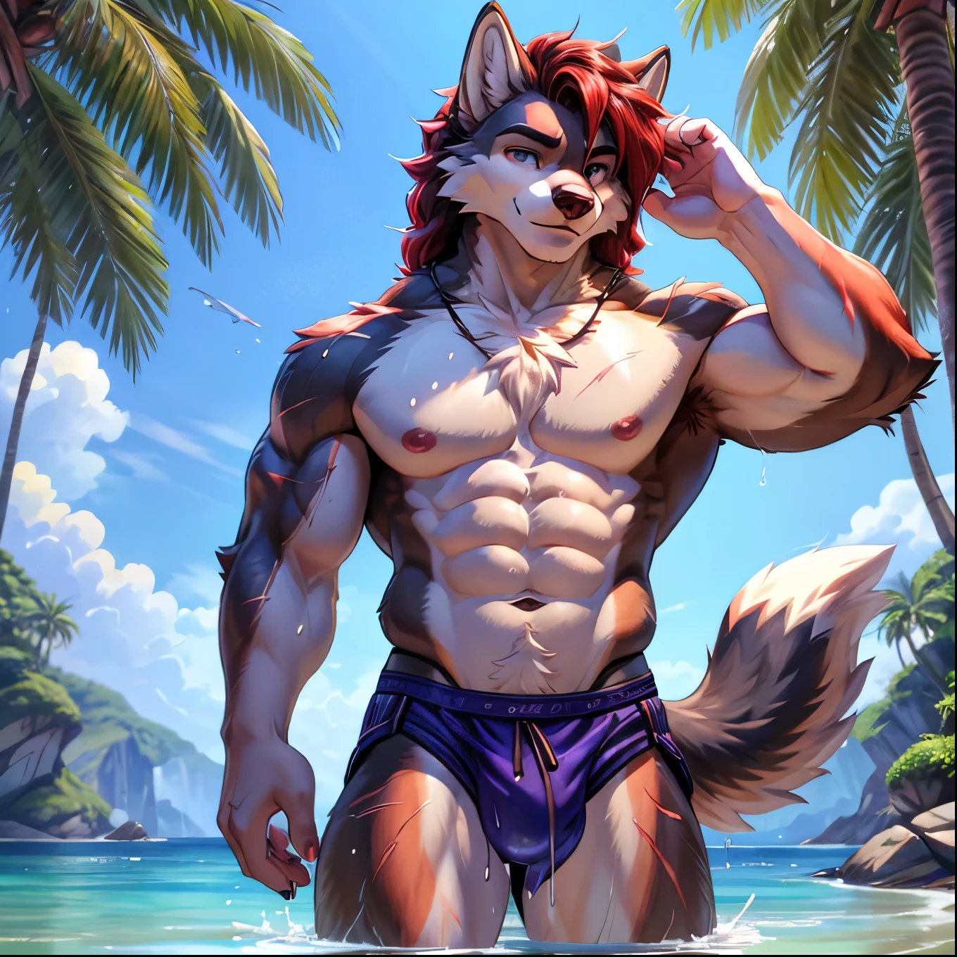 a furry anthro male wolf humanoid standing on a sunny beach, muscular and athletic build, wet and glistening skin, playfully splashing in the water, detailed facial features, vibrant colors, anime-inspired style, photorealistic, 8k, hyper detailed, masterpiece，With scars and features.The eyes are brightNice, tallHot, handsome, with physical featuresIt's got goofy hair, special color.