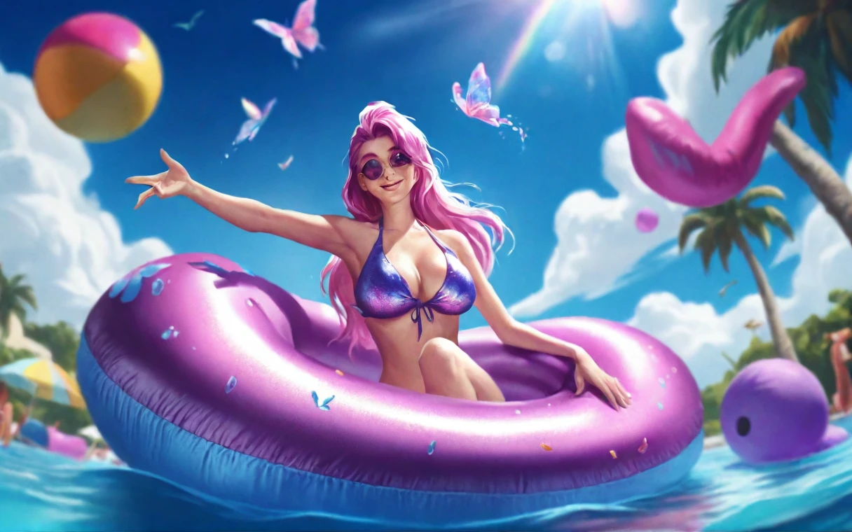 best aesthetic, lolsplashart, pool seraphine, 1girl, solo, long hair, , looking at viewer, smile, bangs, large breastsuit, cleavage, realreasts, green eyer, white hair, ponytail, flower, outdoors, butterfly, sky, day, bikini, clouree, water, pedal, blue sky, butterfly wings, purple bikini, pool t, sunglasses, palm tree, beachball, beach umbrella, ocean waves, a beautiful young woman with long pink hair, wearing a purple bikini and sunglasses, lounging on a pool float in a sparkling blue pool. She is surrounded by bright pink beach balls and palm trees, and the scene is seinst a backdrop of a bright blue sky with fluffy white clouds. The woman's pose is relaxed and carefree as she floats in the pool, enjoying the sunshine. The colorful flowers, pool float, and her bold purple bikini all contribute to the fun, summery vibe. The overall atmosphere is cheerful and lighthearted, capturing the essence of a perfect poolside day.