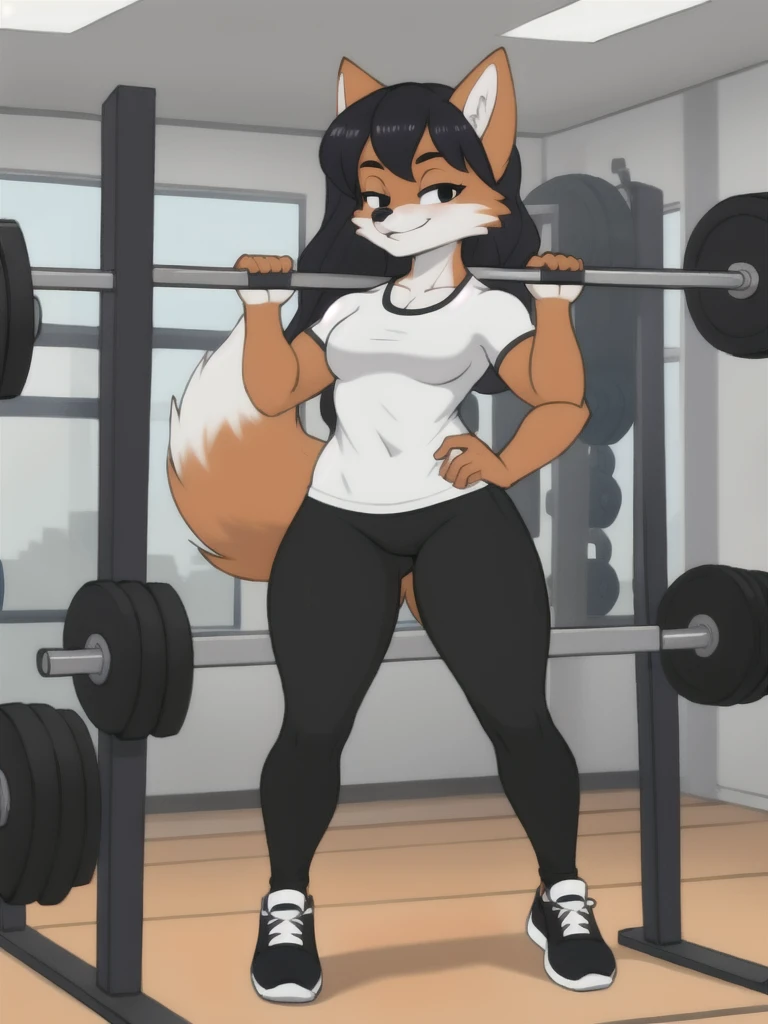 Furry, fox, female, white shirt, black leggings, shoes, gym, teen, standing, full body
