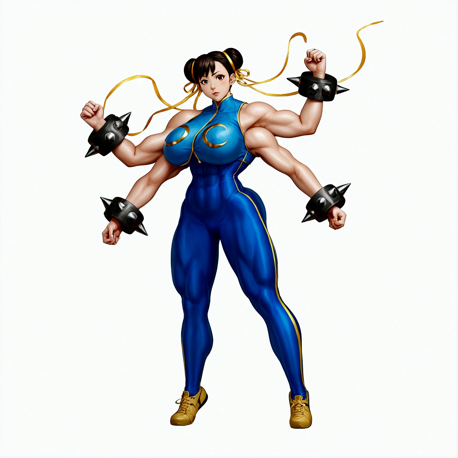 Chunli, muscular body, big breasts, thicc tights, 4 arms, full body.