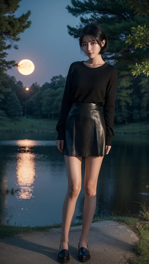 ((Best quality))((realistic))((full body))((face detail))A girl. Short black hair . Short skirt. Forest . Dark . Night.  Moon shading . lake 