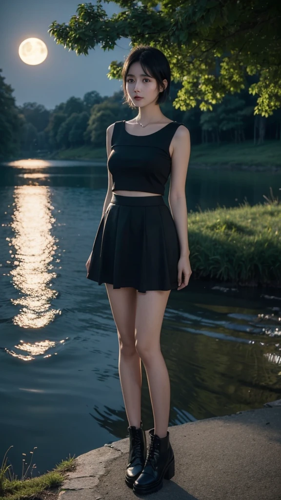 ((Best quality))((realistic))((full body))((face detail))A girl. Short black hair . Short skirt. Forest . Dark . Night.  Moon shading . lake 