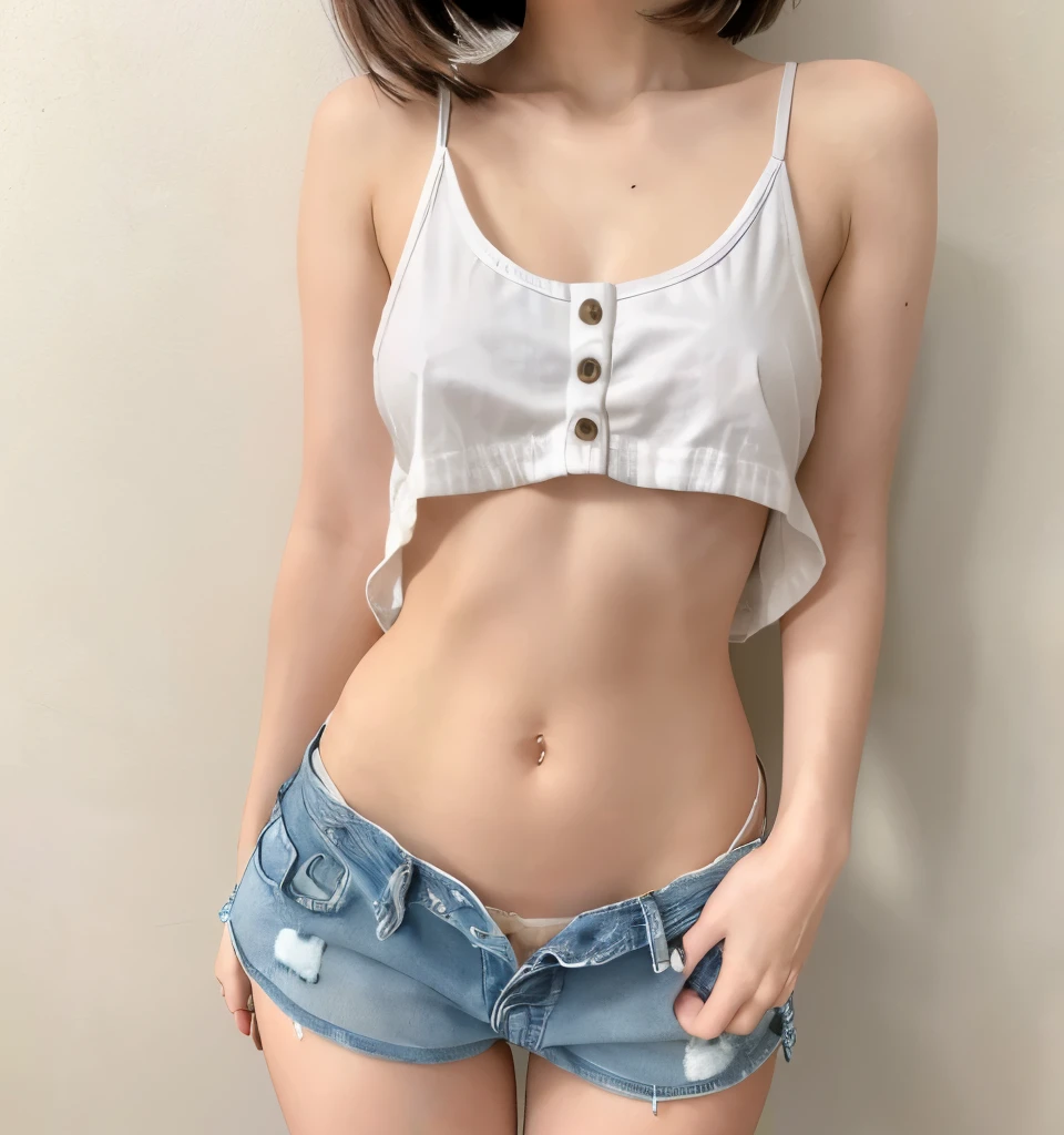 Highest quality、Ultra-high resolution、masterpiece、、Clear photos、(very cute日本の女の子)、smile、(whole body)、(very cute!)、thin、Very short hair、(Low-rise denim shorts:1.6、Unbutton、Pull-down denim shorts:1.2)、(White panties are visible)、 White tank top、Vivid depiction