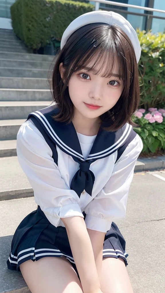 Black Hair、(School-designated sailor uniform:1.3)、short hair、hair accessory、Laugh a little、See-through、High-quality panties available、(Highest quality,masterpiece:1.3,Ultra-high resolution,),(Ultra-detailed,Caustics),(Photorealistic:1.4,RAW shooting,)Ultra-Realistic Capture,Very detailed,High resolution 16K human skin closeup。 The skin texture is natural、Detailed face and eyes、(Knee Up:1.3)、Sit on the stairy hair sways in the wind、Seductive pose、Inner thighs、Spread your legs、