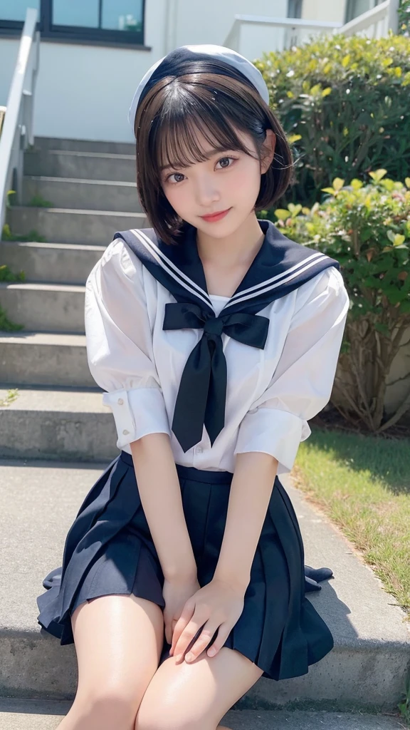 Black Hair、(School-designated sailor uniform:1.3)、short hair、hair accessory、Laugh a little、See-through、High-quality panties available、(Highest quality,masterpiece:1.3,Ultra-high resolution,),(Ultra-detailed,Caustics),(Photorealistic:1.4,RAW shooting,)Ultra-Realistic Capture,Very detailed,High resolution 16K human skin closeup。 The skin texture is natural、Detailed face and eyes、(Knee Up:1.3)、Sit on the stairy hair sways in the wind、Seductive pose、Inner thighs、Spread your legs、