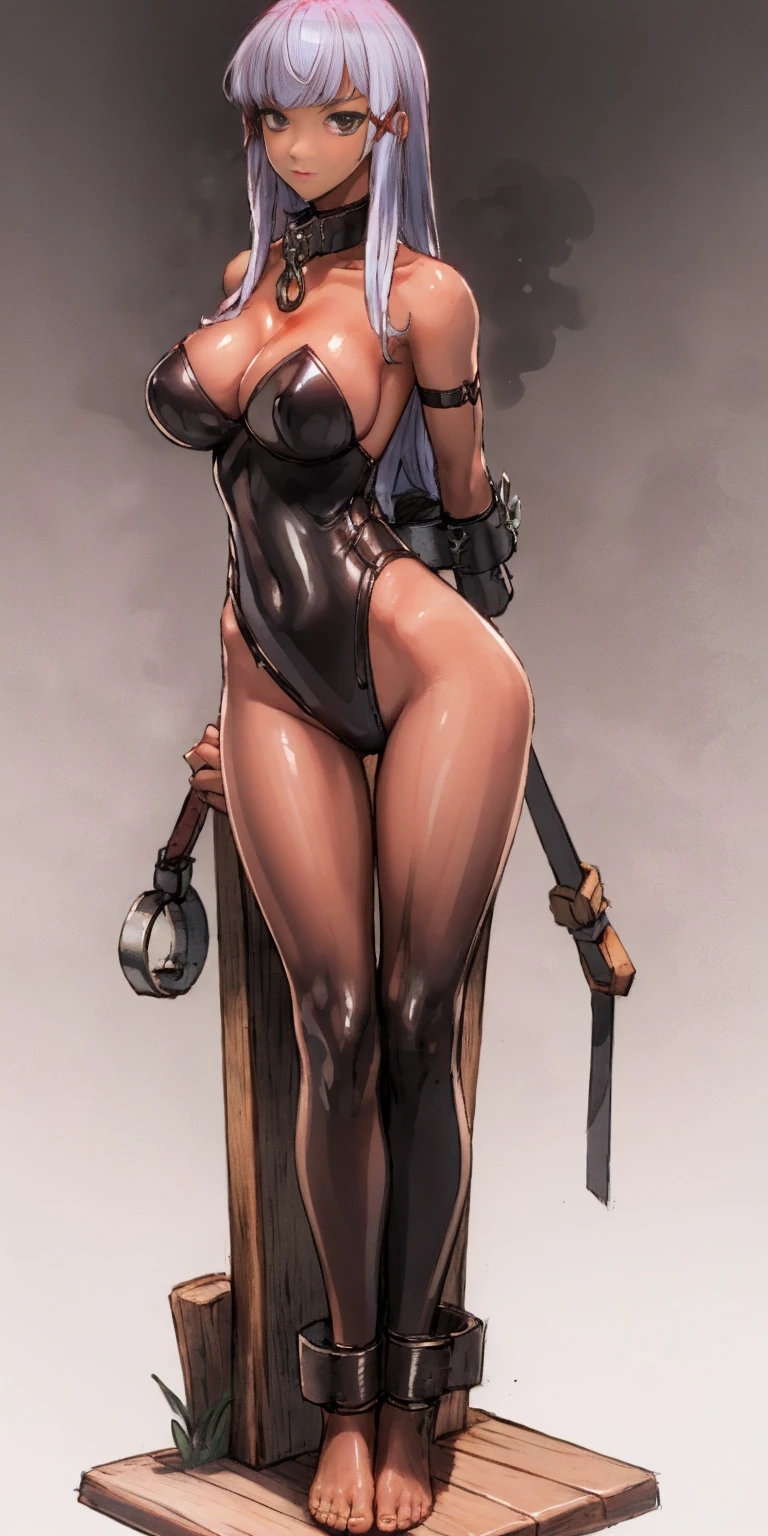 (Masterpiece, best quality, intricate details, 1sologirl) iron collar, arms behind back, iron cuffs, shackles, leather collar choker neck bell, bound ((standing by wooden pole:1.2)) ((female Black Dark skin Gyaru)) show entire body frontal position, realistic, gorgeous 16y.o. darkest skinned mixed race female, black African, transparent black pantyhose, legs together barefoot no shoes barefoot in view to viewer straight symmetrical, long hair