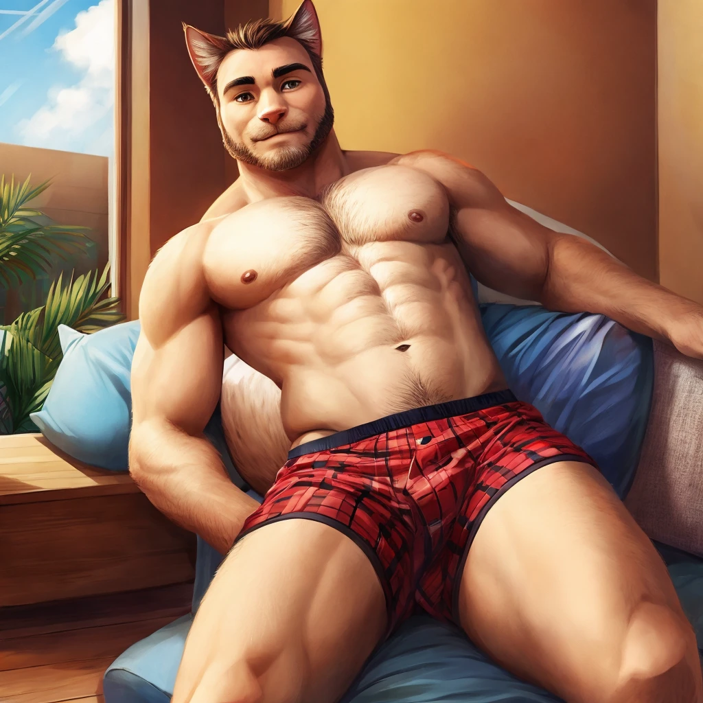 Man in boxers and with a cat on his thighs