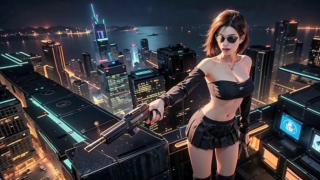 at night, futuristic sci-fi cyberpunk city, broad viaduct, skyscrapers at the end of the viaduct, the movie "13th Floor" style, hq. Matrix style, at night, (1girl, solo), photo realistic, (large-breast:1.2 slim body, cleavage), (((tube top, extreamly short pleated (((miniskirt))) exposing panty))), (((((matrix style black sunglasses))))), (((((aiming at camera with a (pistol)))))), (((half-body (thigh level) medium shot))), (cinematic lighting).