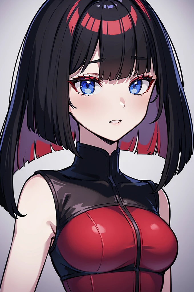 a beautiful girl with long red hair wearing a black dress, detailed facial features, bob haircut, full-body illustration, a woman wearing a long black and red coat, solo character, white background, anime style, extremely detailed, photorealistic, 8K, best quality, masterpiece, blue eyes, short hair