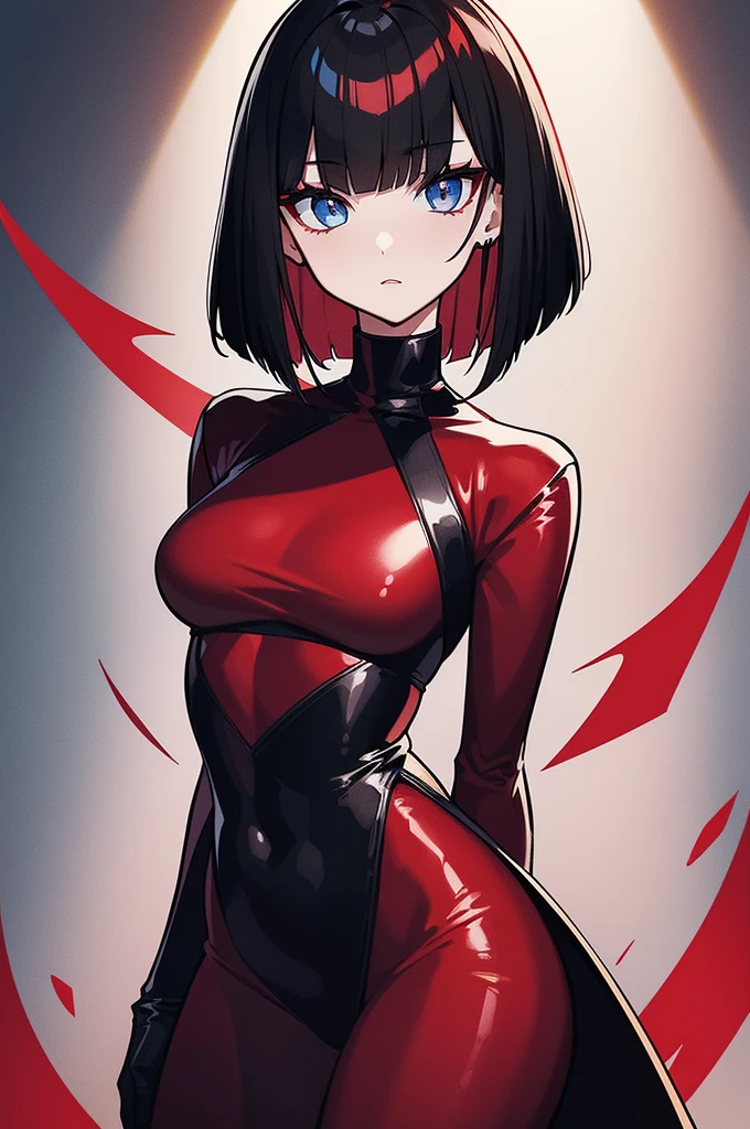 a beautiful girl with long red hair wearing a black dress, detailed facial features, bob haircut, full-body illustration, a woman wearing a long black and red coat, solo character, white background, anime style, extremely detailed, photorealistic, 8K, best quality, masterpiece, blue eyes, short hair