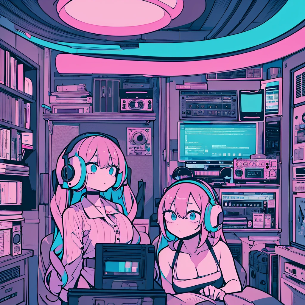 Best quality, (masterpiece:1.2), best detail face,1 girl, big breasts, 18 yo, 8k,absurdres,unity 8k wall paper,(extremely detailed:1.3), highest realistic, (retro headphones:1.1), (soft neon light:1.1), Her room full of music equipment and records, Light clothing in summer, See the whole room, natural color palette, The weather outside can be seen from her room window.