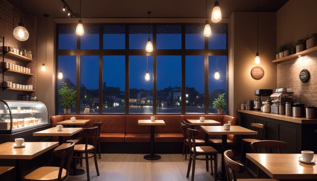 at night a frontal shot of a cozy coffee shop interior with a big window in the center and tables with coffee cups one them