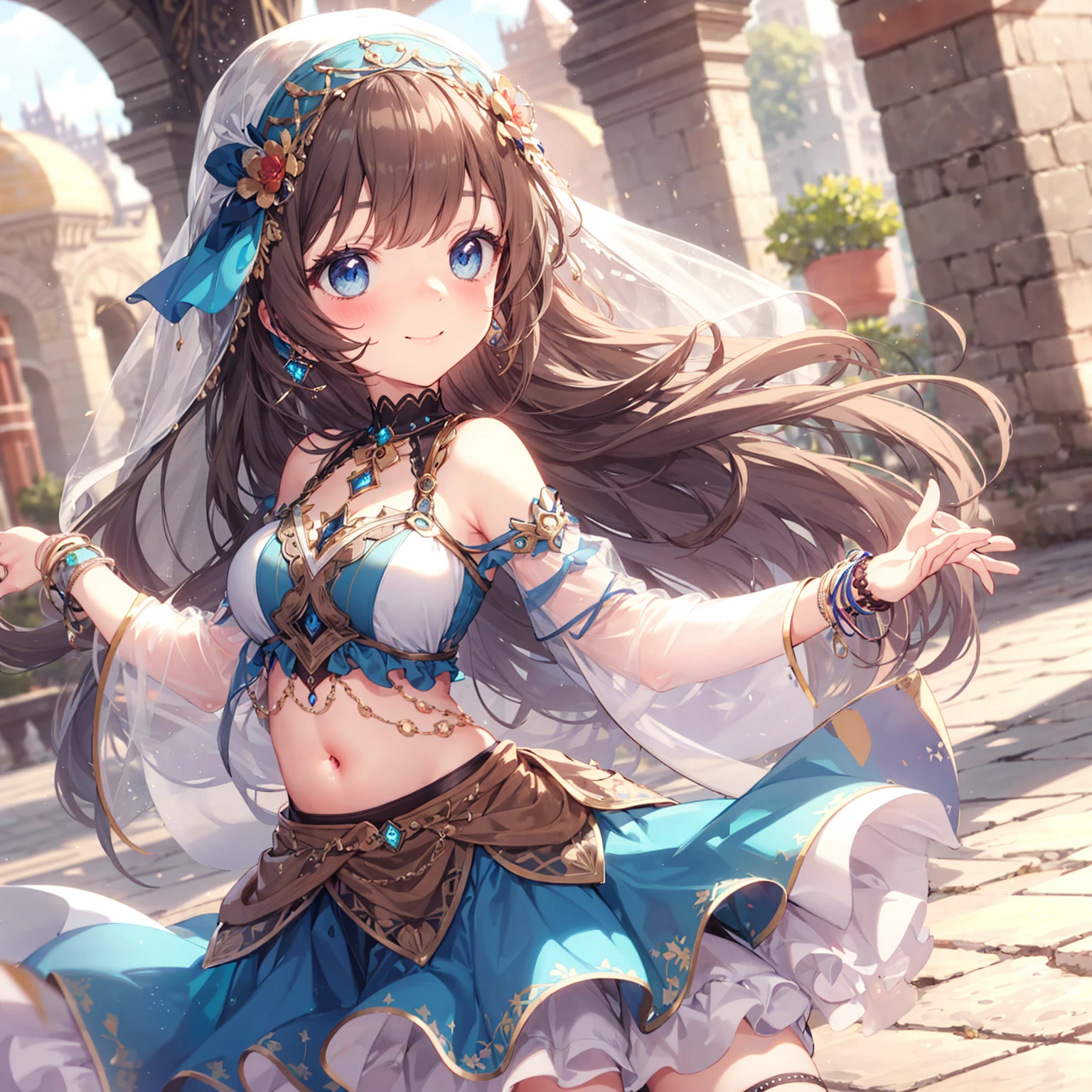 high quality, ultra detailed, best quality, insanely detailed, beautiful, masterpiece, 1girl, medieval plaza, blue eyes, long hair, brown hair, belly dancer, veil, earrings, bracelets, bashful smile, large breasts, soft stomach