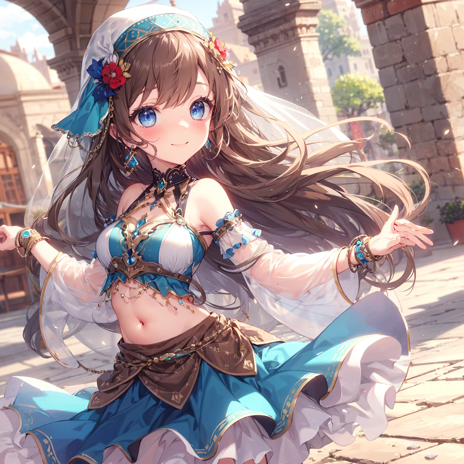 high quality, ultra detailed, best quality, insanely detailed, beautiful, masterpiece, 1girl, medieval plaza, blue eyes, long hair, brown hair, belly dancer, veil, earrings, bracelets, bashful smile, large breasts, soft stomach