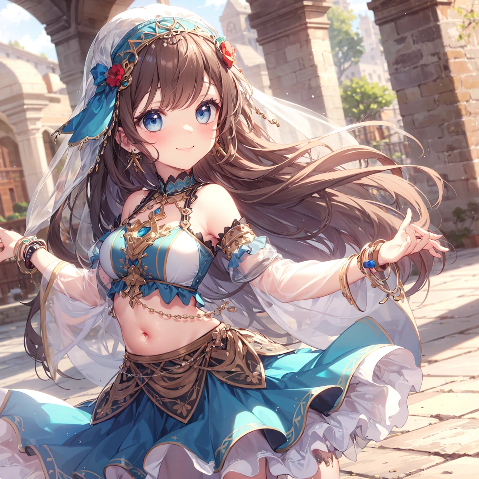 high quality, ultra detailed, best quality, insanely detailed, beautiful, masterpiece, 1girl, medieval plaza, blue eyes, long hair, brown hair, belly dancer, veil, earrings, bracelets, bashful smile, large breasts, soft stomach
