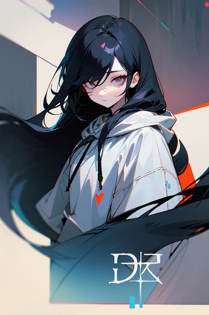 black hair、long hair、dark、hanging eyes、nonchalant、Beautiful type、cute、hoodie、dark、cool、illustration style, upper body, one female