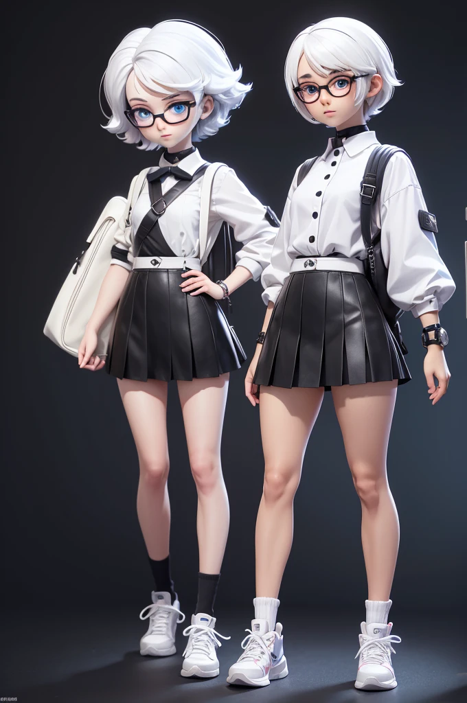 Create a character description of a  ,who is a mix of humans and cats, 140 cm tall, , short white hair, glasses, blue eyes, black bracelet accessories on her hands, wearing a white  with a short black skirt, black shoes, carrying a black backpack, various poses and facial expressions, (full body),