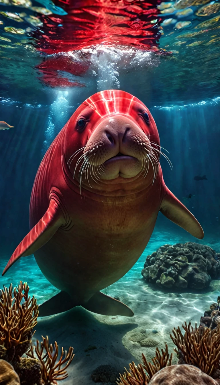 The best quality of the red dugong with a human face under the water,4K,8K,High level,masterpiece:1.2),Ultra Detailed,(lifelike,Photo real,Photo real:1.37),Highly detailed animals,Complex patterns,Realistic lighting,Fantasy Creatures
