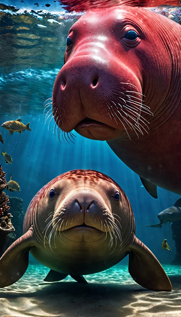 The best quality of the red dugong with a human face under the water,4K,8K,High level,masterpiece:1.2),Ultra Detailed,(lifelike,Photo real,Photo real:1.37),Highly detailed animals,Complex patterns,Realistic lighting,Fantasy Creatures