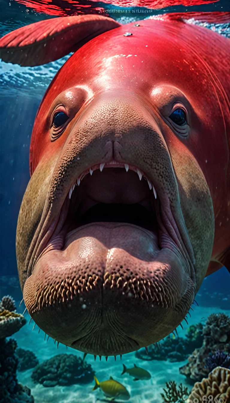 The best quality of the red dugong with a human face under the water,4K,8K,High level,masterpiece:1.2),Ultra Detailed,(lifelike,Photo real,Photo real:1.37),Highly detailed animals,Complex patterns,Realistic lighting,Fantasy Creatures