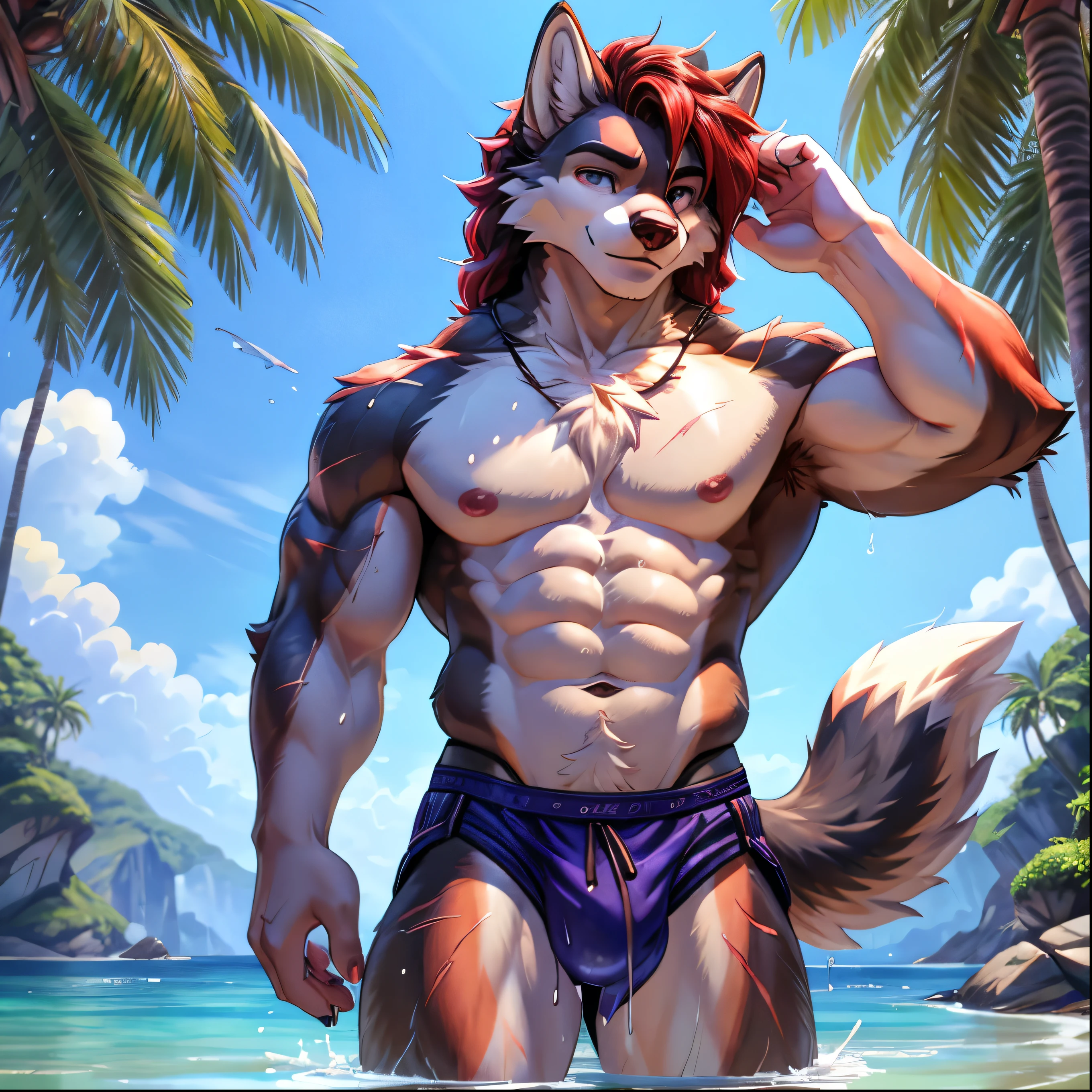 a furry anthro male wolf humanoid standing on a sunny beach, muscular and athletic build, wet and glistening skin, playfully splashing in the water, detailed facial features, vibrant colors, anime-inspired style, photorealistic, 8k, hyper detailed, masterpiece,With scars and features.The eyes are brightNice, tallHot, handsome, with physical featuresIt's got goofy hair, special color.