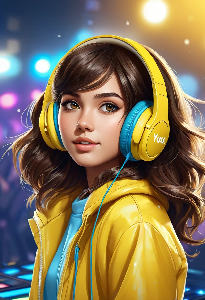 YouTube Channel Art Prompt Dimensions: 2,560 x 1,440 pixels Primary Color: Blue Main Character: A realistic girl Eyes: Sparkling brown Clothing: Yellow coat Accessories: Yellow headphones Scene:  Description for the Artist Create a YouTube channel art with the following specifications: Background Color: Predominantly blue, with varying shades to add depth and interest. Character: A realistic depiction of a girl with sparkling brown eyes. She is wearing a vibrant yellow coat that stands out against the blue background. She has yellow headphones on, adding a stylish and cohesive look. Scene: The girl should be actively mixing music on a DJ table, with her hands on the controls and an expression of concentration and joy. Style: Realistic, with attention to detail, especially in the girl’s facial features and the texture of her clothing and headphones. Incorporate elements that convey a dynamic and energetic atmosphere suitable for a music-related YouTube channel.