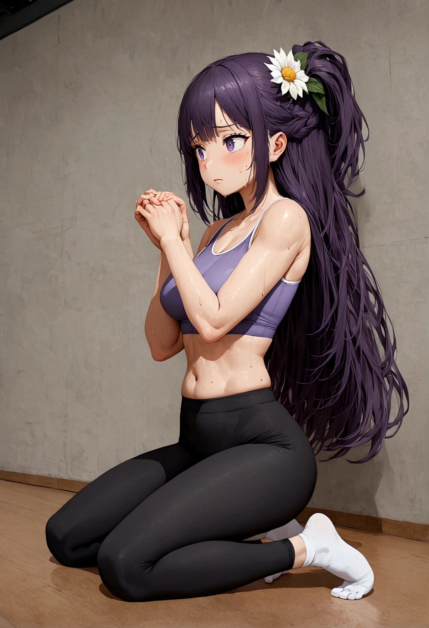 Anime girl with very long dark purple hair and a flower hair accessory Doing some yoga as she's sweating so much wearing sports leggings