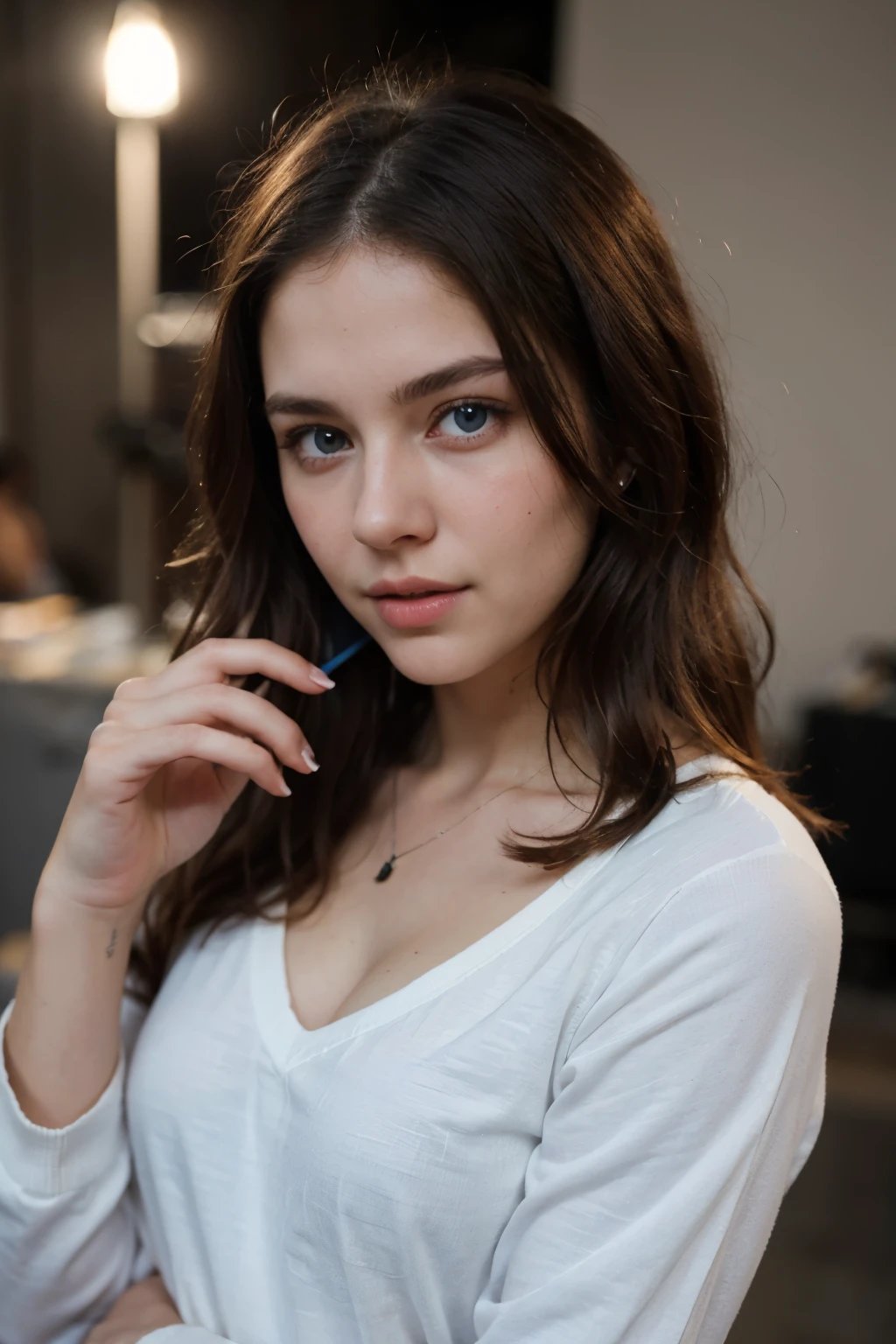 A photorealistic portrait of a 21-year-old American woman with aub hair and bright blue eyes, effortlessly stylish in a casual-chic outfit accessorized with a statement phone case, close-up shot, 4k resolution, detailed features, high quality, she exudes confidence and charm under the soft glow of studio lighting.