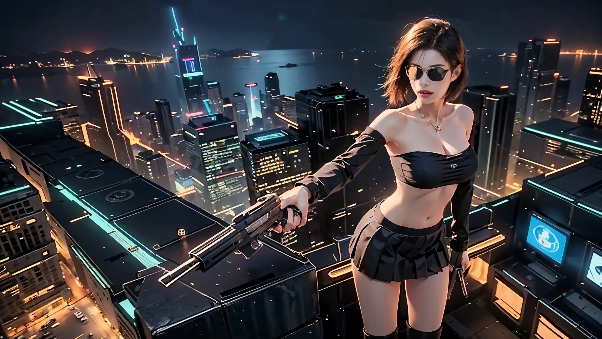 at night, futuristic sci-fi cyberpunk city, broad viaduct, skyscrapers at the end of the viaduct, the movie "13th Floor" style, hq. Matrix style, at night, (1girl, solo), photo realistic, (large-breast:1.2 slim body, cleavage), (((tube top, extreamly short pleated (((miniskirt))) exposing panty))), (((((matrix style black sunglasses))))), (((((aiming at camera with a (pistol)))))), (((half-body (thigh level) medium shot))), (cinematic lighting).