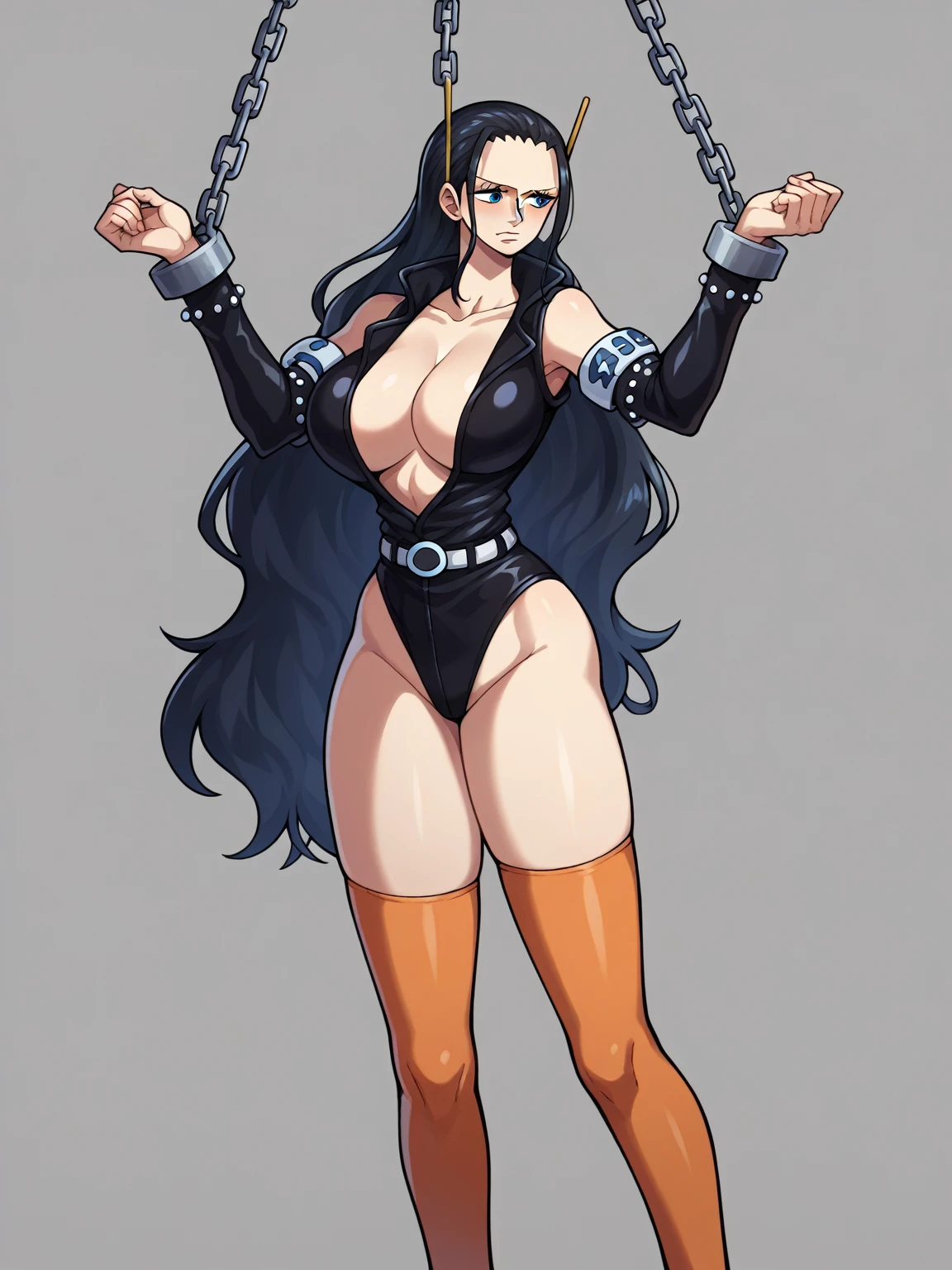 score_9, score_8_superior, score_7_superior, score_6_superior, score_5_superior, score_4_superior, break, sauce_anime, Nico Robin, Nicoe, blue eyes, She slicked her black hair back., Long Hair, Cleavage, Large Breasts,  Chained, leotard, stirrsuperior stockings, Simple Background 