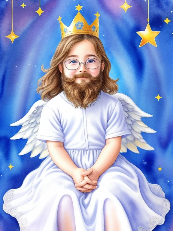 chibi、beard, Glasses, Watercolor、Children's Angel、Image of sitting on a soft cloud。The background is a clear blue sky、A rainbow is hanging。Around the angel、Sparkling particles of light and tiny stars are dancing。The angel costume、White gown and little gold crown。A gentle smile appeared on his face、The angel&#39;s wings shine as they reflect the light。