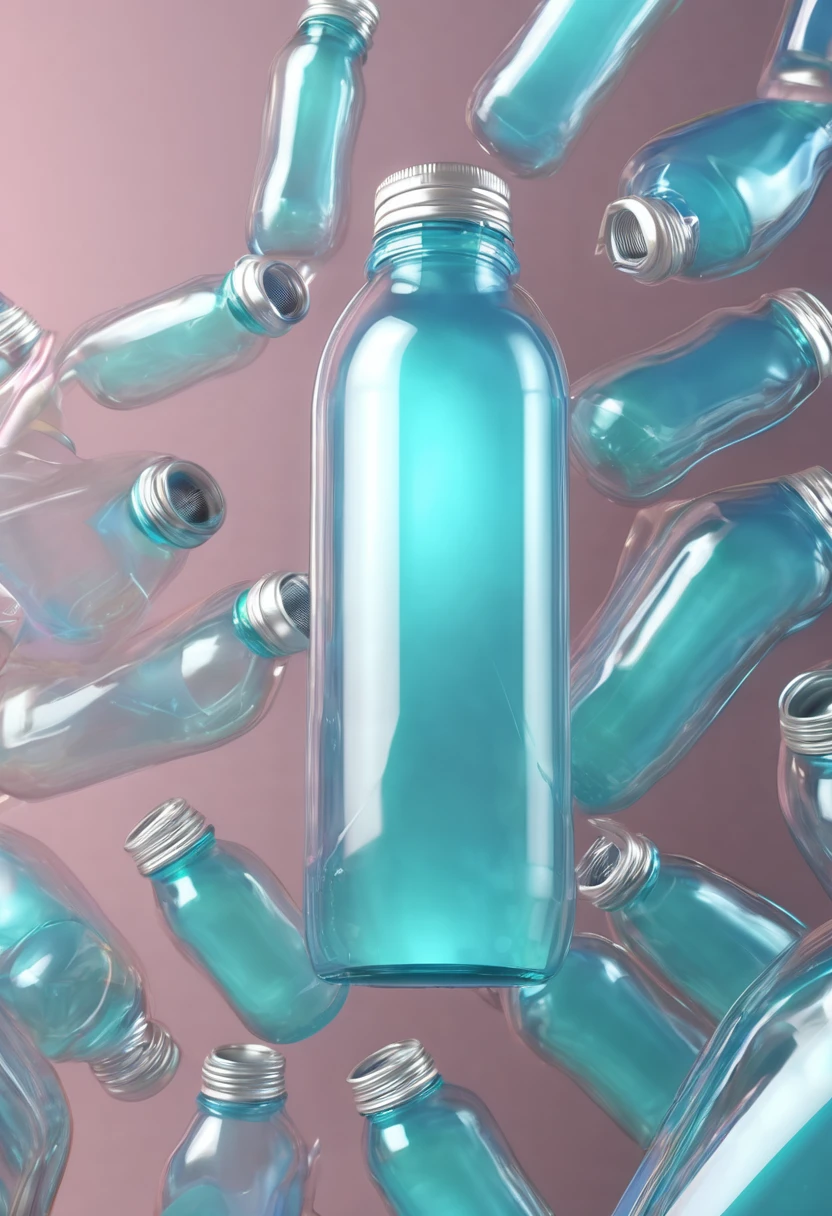 transparent PET bottle transforming into nylon material threads with desintegration effect, 3d render, 8k