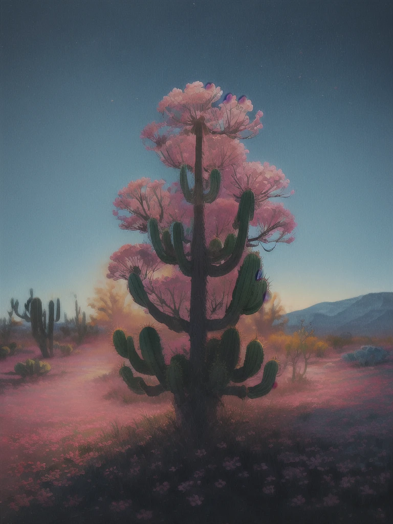 a painting of a cactus plant with pink flowers in the desert, an airbrush painting by Rodolfo Morales, trending on cgsociety, magic realism, cactus and flowers, beautiful detail and color, beautiful vibrant colors, ✏️🎨, beautiful!!!!!!!!!, 🌺 cgsociety, beautiful painting of a tall, beautiful colorful, beautiful and colorful, cactus