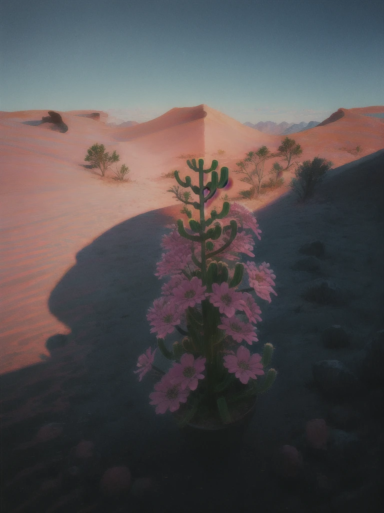 a painting of a cactus plant with pink flowers in the desert, an airbrush painting by Rodolfo Morales, trending on cgsociety, magic realism, cactus and flowers, beautiful detail and color, beautiful vibrant colors, ✏️🎨, beautiful!!!!!!!!!, 🌺 cgsociety, beautiful painting of a tall, beautiful colorful, beautiful and colorful, cactus