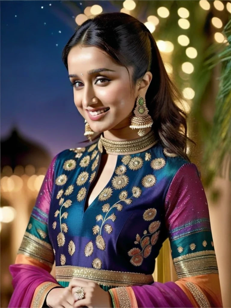 ultrarealistic photo of a woman, shraddha kapoor, outdoors, looking looking at camera, high neck colorful (Anarkali_kurta:1.2) with intricate design, night time, smiling, beautiful bokeh background  