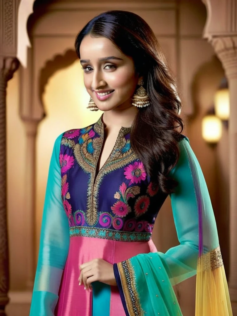 ultrarealistic photo of a woman, shraddha kapoor, outdoors, looking looking at camera, high neck colorful (Anarkali_kurta:1.2) with intricate design, night time, smiling, beautiful bokeh background  