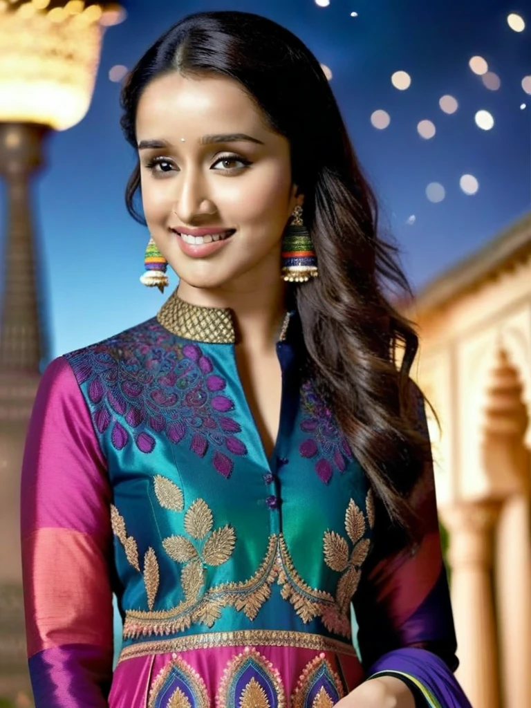 ultrarealistic photo of a woman, shraddha kapoor, outdoors, looking looking at camera, high neck colorful (Anarkali_kurta:1.2) with intricate design, night time, smiling, beautiful bokeh background  