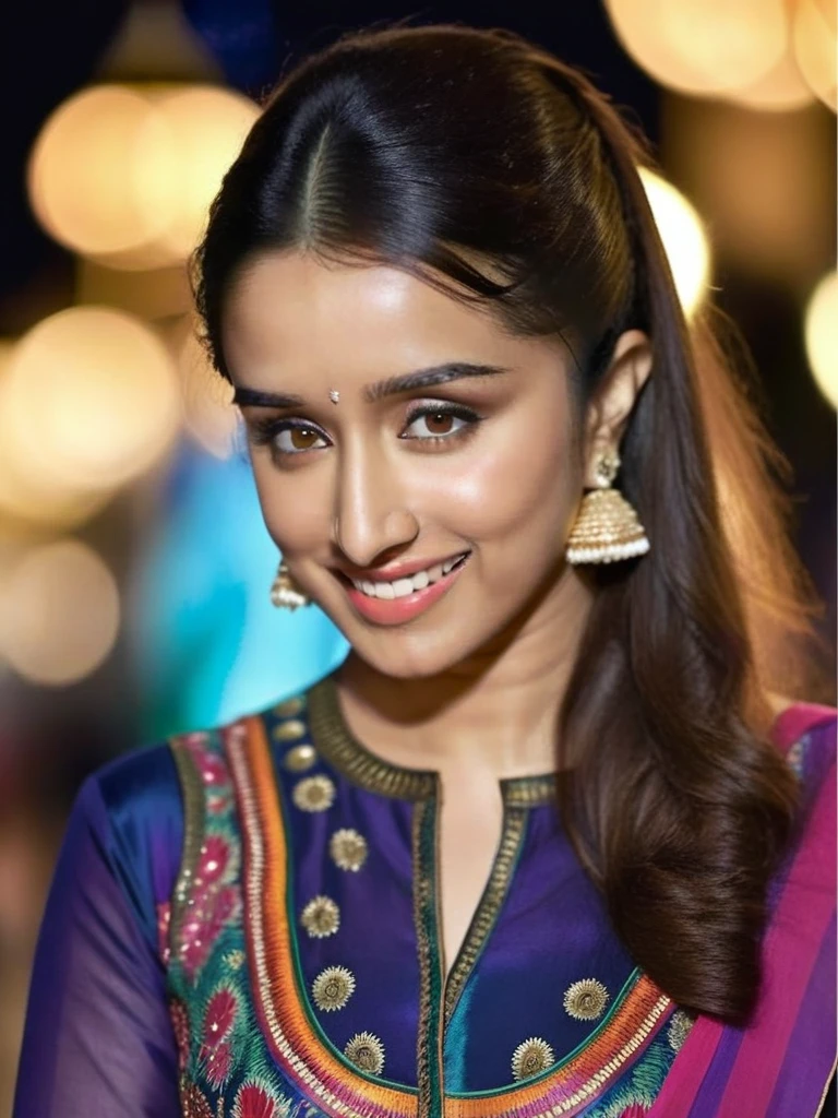 ultrarealistic photo of a woman, shraddha kapoor, outdoors, looking looking at camera, high neck colorful (Anarkali_kurta:1.2) with intricate design, night time, smiling, beautiful bokeh background  