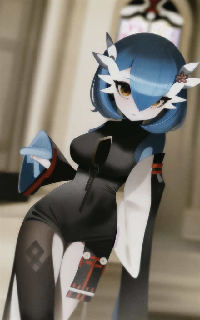 ((best quality)), ((highly detailed)), masterpiece, ((official art)), (detailed eyes, deep eyes), (1girl), ((abdomen focus)), Perspective control, (lactation through clothes), ((unitard, wide sleeves,nontraditional miko, ofuda)), gardevoir, game freak, nintendo, pokemon, pokemon \(game\), bangs, colored skin, large breasts, gen 3 pokemon, black dress, blue hair, blue skin, orange eyes, hair over one eye, multicolored skin, pokemon \(creature\), short hair, two-tone skin, white skin, (at a church)
