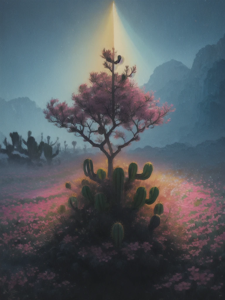 a painting of a cactus plant with pink flowers in the desert, an airbrush painting by Rodolfo Morales, trending on cgsociety, magic realism, cactus and flowers, beautiful detail and color, beautiful vibrant colors, ✏️🎨, beautiful!!!!!!!!!, 🌺 cgsociety, beautiful painting of a tall, beautiful colorful, beautiful and colorful, cactus