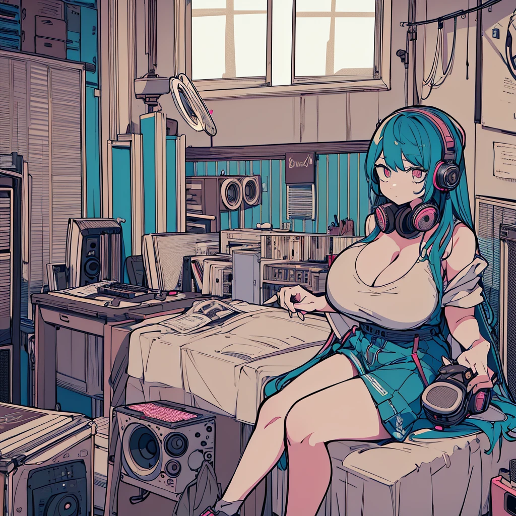 Best quality, (masterpiece:1.2), best detail face,1 girl, big breasts, 18 yo, 8k,absurdres,unity 8k wall paper,(extremely detailed:1.3), highest realistic, (retro headphones:1.1), Her room full of music equipment and records, Light clothing in summer, See the whole room, natural color palette, The weather outside can be seen from her room window.