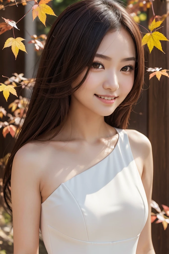 8K Super Resolution、Beauty、One Lady、Dark Brown Hair:1.1、Ultra-detailed face、Detailed lips、important、(Eyes meet)、double eyelid、Princess Eyes、 Beautiful Japanese Woman、Beautiful Japanese Woman、 Sensual lips、Bewitching body、Bust size 82、8 Life-size、Standing in a provocative pose facing forward with a well-balanced, natural body、Girlfriend in her 20s、(28 years old)、far and near method、Smiling with a nice smile、 wearing white one piece dress、Hair blowing in the wind、Clear images、The sparkle of tiny eyes、Fine autumn leaves dyed red、color々Hair style、