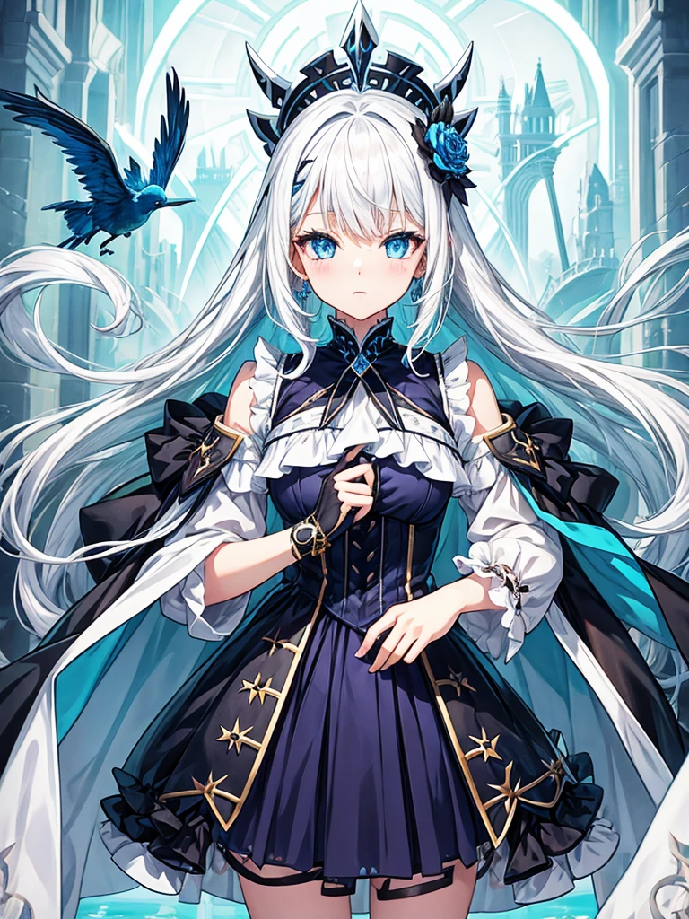 fantasy world girl with colorful hair, accessories, detailed clothes, white hair, dark blue eyes, blue and black clothes
