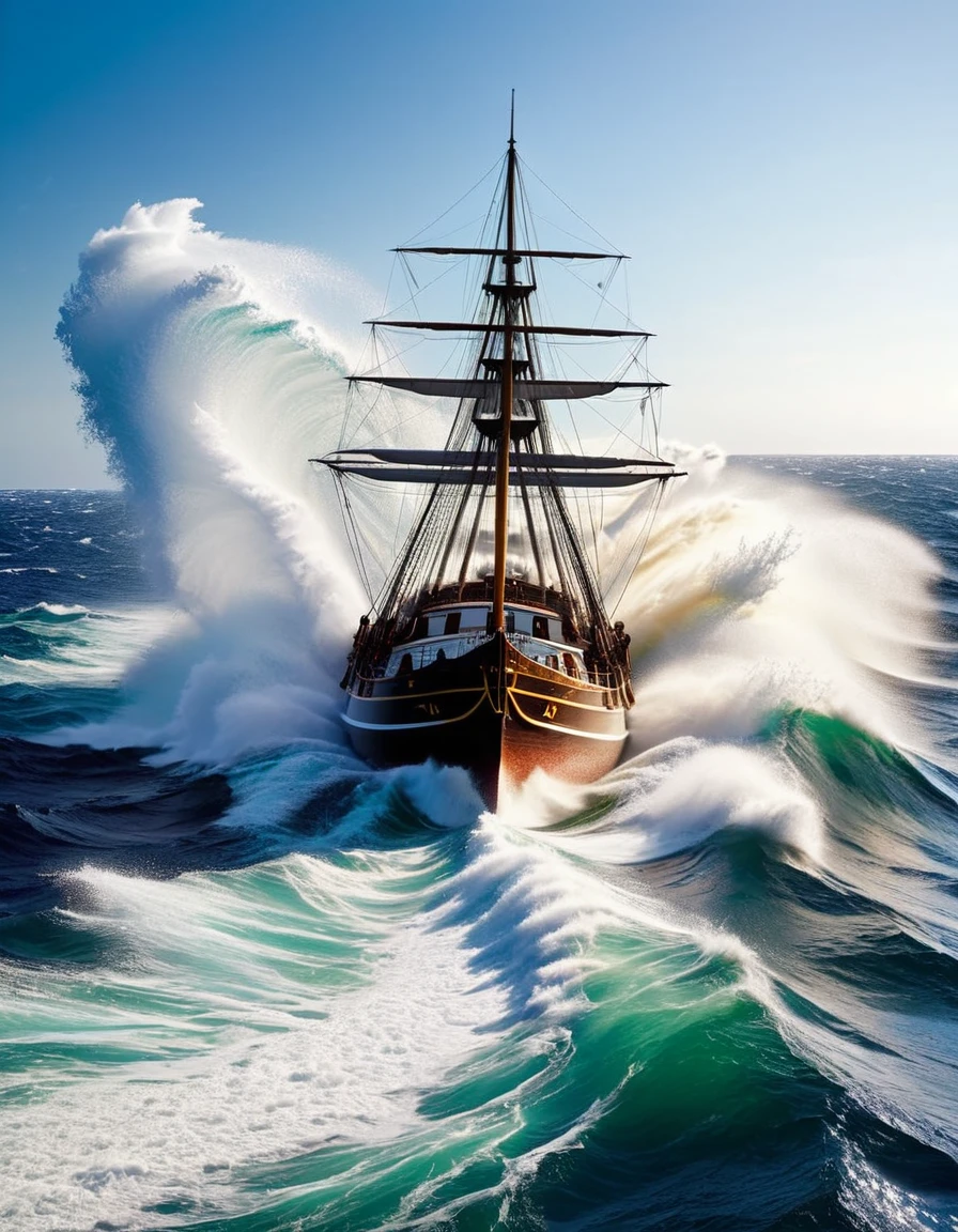 "I leave a white and turbid wake; pale waters, paler cheeks, where'er I sail."
Image Prompt: Illustrate a ship sailing through tumultuous, white-capped waters, leaving a frothy, churning wake behind, symbolizing the turbulence and consequences of Ahab's relentless pursuit.