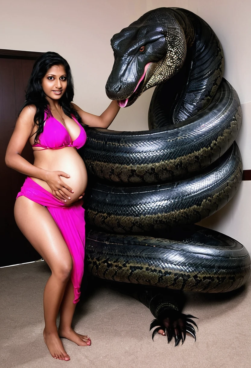 Pregnant pink bikini Happy Horny, aroused 1girl), beautiful kneeling Indian young girl with giant colossal black titanboa squeezing her hard, wrapped in thick spiraling coils, constricted, struggle, gasping for air, snake attack, snake peril, moonless night, dim light