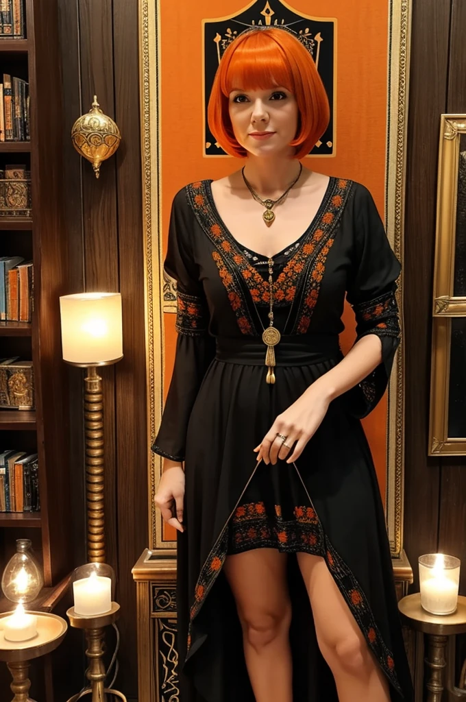 make me a 75 year old tarot reader with a full body and short orange hair