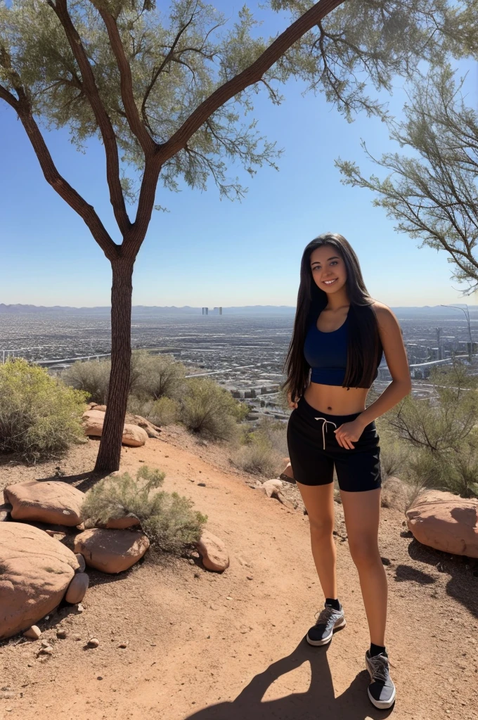 1 girl, age 25, long hair, hispanic, brown eyes, full body, realistic, sexy, with friends hiking camelback mountain in phoenix