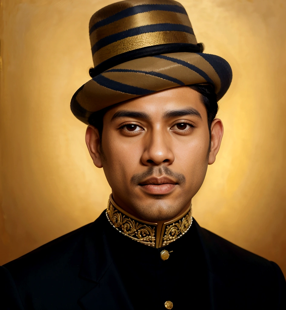 painting of a man in a hat and jacket with a gold background, inspired by Carlos Saenz de Tejada, traditional portrait, inspired by Basuki Abdullah, brown skin man egyptian prince, detailed color portrait, inspired by Benito Quinquela Martín, inspired by Altoon Sultan, inspired by Carlos Francisco Chang Marín, jotaro kujo
