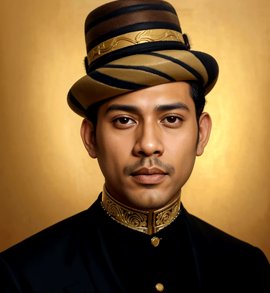 painting of a man in a hat and jacket with a gold background, inspired by Carlos Saenz de Tejada, traditional portrait, inspired by Basuki Abdullah, brown skin man egyptian prince, detailed color portrait, inspired by Benito Quinquela Martín, inspired by Altoon Sultan, inspired by Carlos Francisco Chang Marín, jotaro kujo