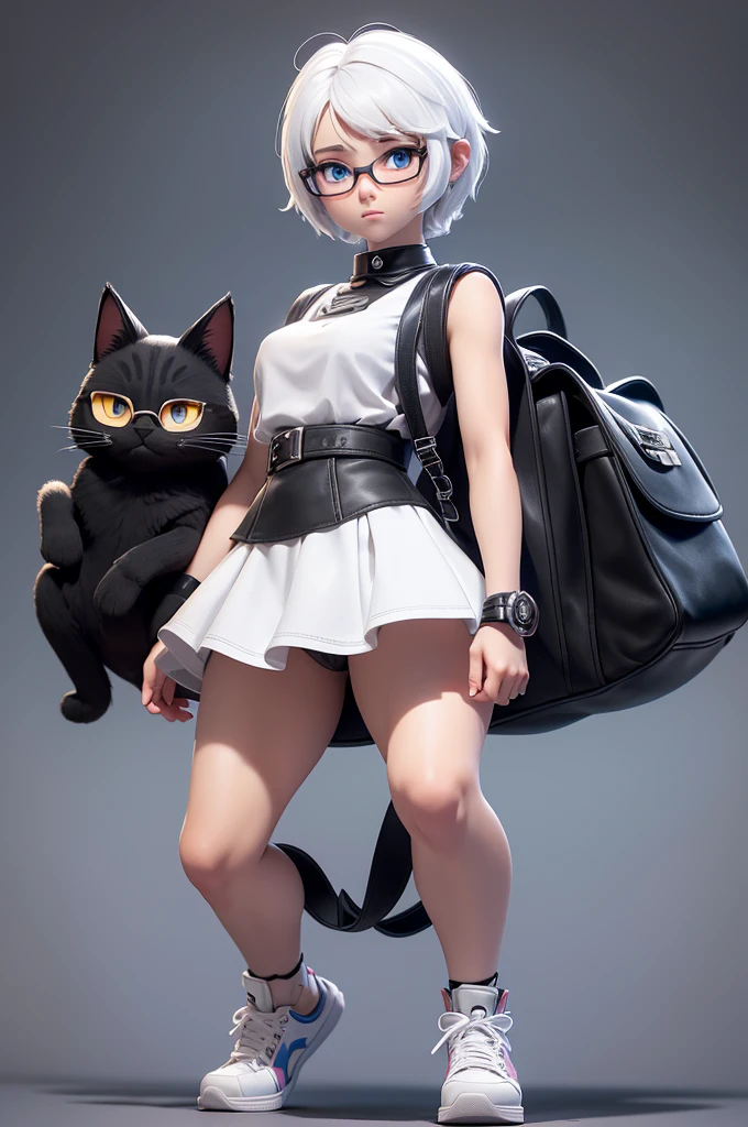 Create a character description of a ,who is a mix of humans and cats, 140 cm tall, , short white hair, glasses, blue eyes, black bracelet accessories on her hands, wearing a white with a short black skirt, black shoes, carrying a black backpack, various poses and facial expressions, (full body), squatting, tight panties